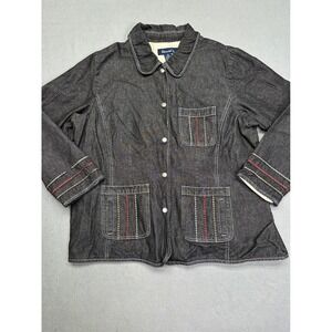 Denim & Co Black Denim Jacket Button Front Peter Pan Collar Contrast‎ Stitch 1X